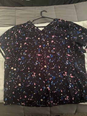 Women’s Black Printed V-Neck Scrub Top with Pink & Blue Accents